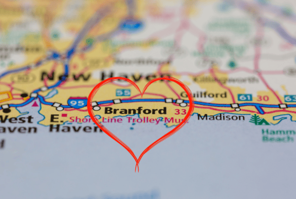 Illustrated map of Branford, Connecticut with the town name circled by a heart, representing local business insurance support and community roots.
