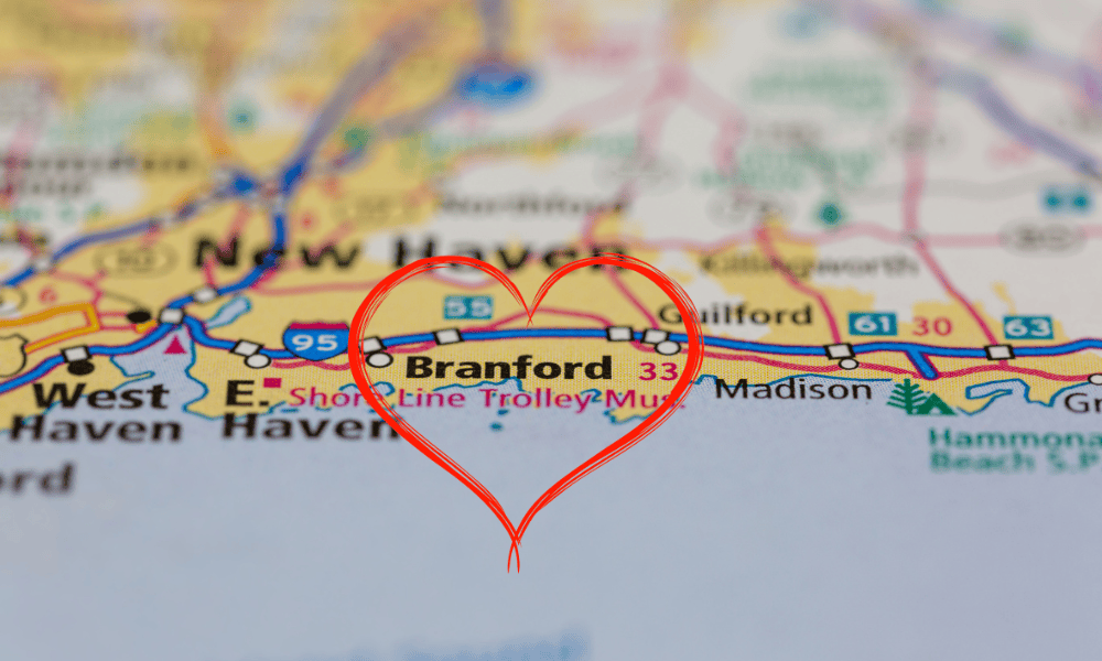 Illustrated map of Branford, Connecticut with the town name circled by a heart, representing local business insurance support and community roots.