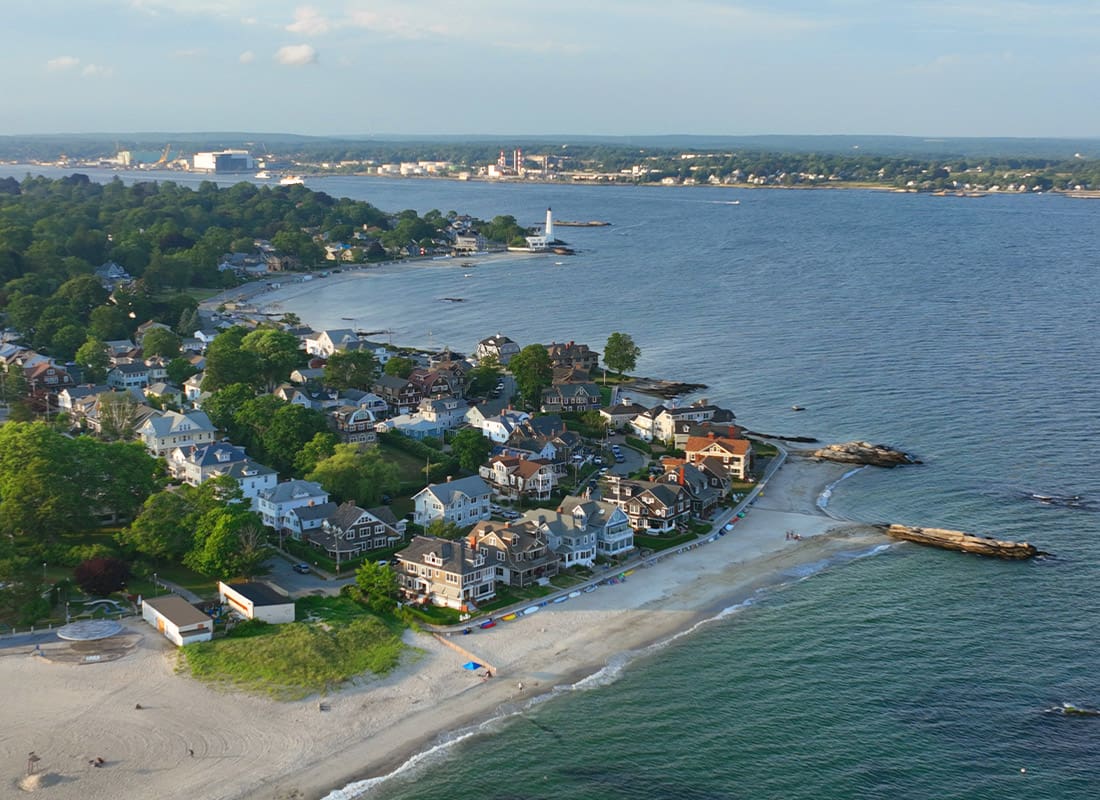 Branford, CT - Pequot Point Beach and New London Harbor Lighthouse at the Mouth of Thames River in City of New London, Connecticut