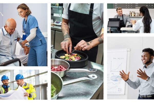 Happy Labor Day: A Tribute to Connecticut's Hardworking People. Collage of images representing different jobs.