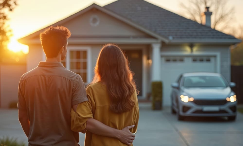 Why Do Insurance Companies Give Big Discounts for Bundling? Couple standing in driveway looking at their home and car.